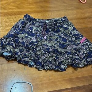 Kenzo Navy and Pink Animal-Print Ruffle Mini Skirt